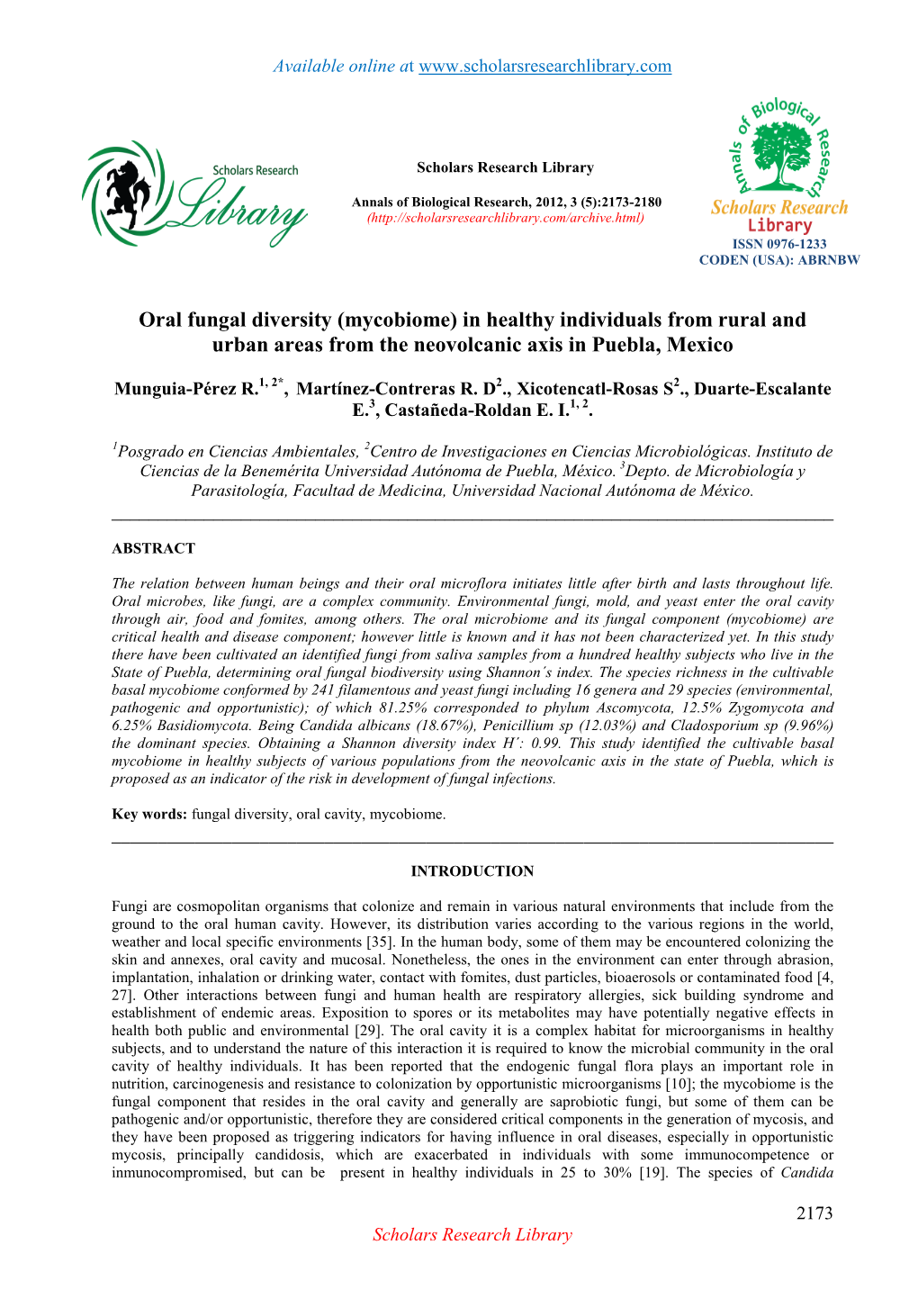 Oral Fungal Diversity (Mycobiome) in Healthy Individuals from Rural and Urban Areas from the Neovolcanic Axis in Puebla, Mexico