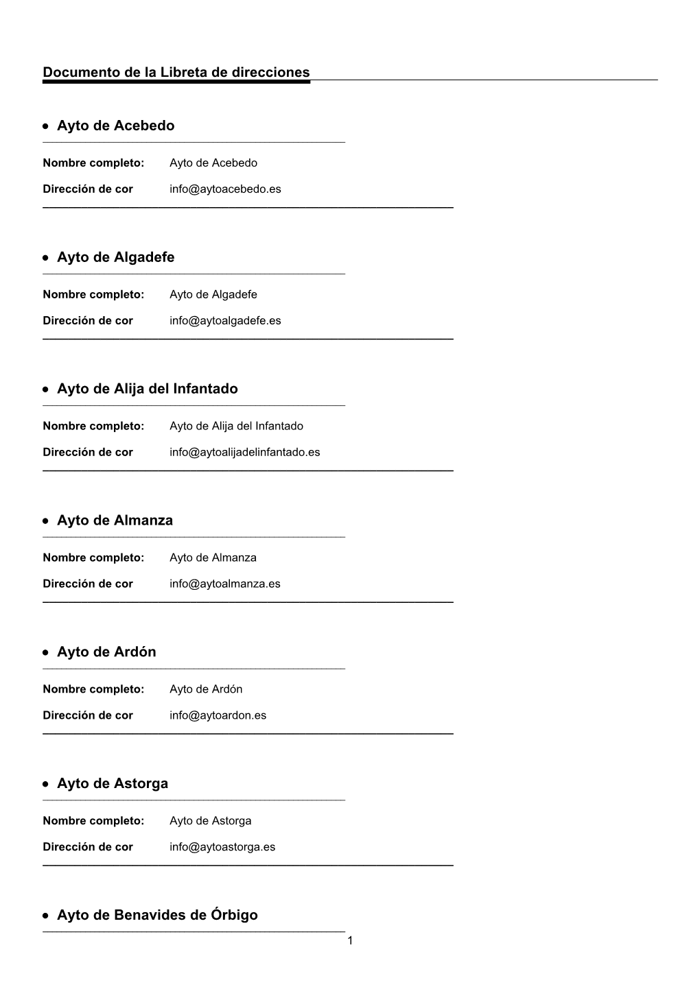 Libreta De Direcciones Web De Los Municipios De La Provincia De León