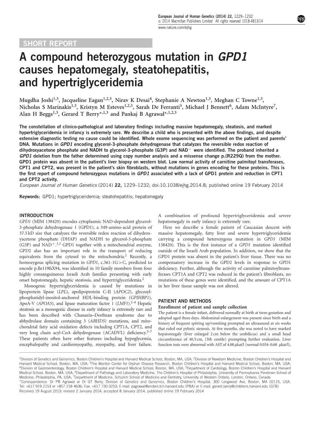 A Compound Heterozygous Mutation in GPD1 Causes Hepatomegaly, Steatohepatitis, and Hypertriglyceridemia