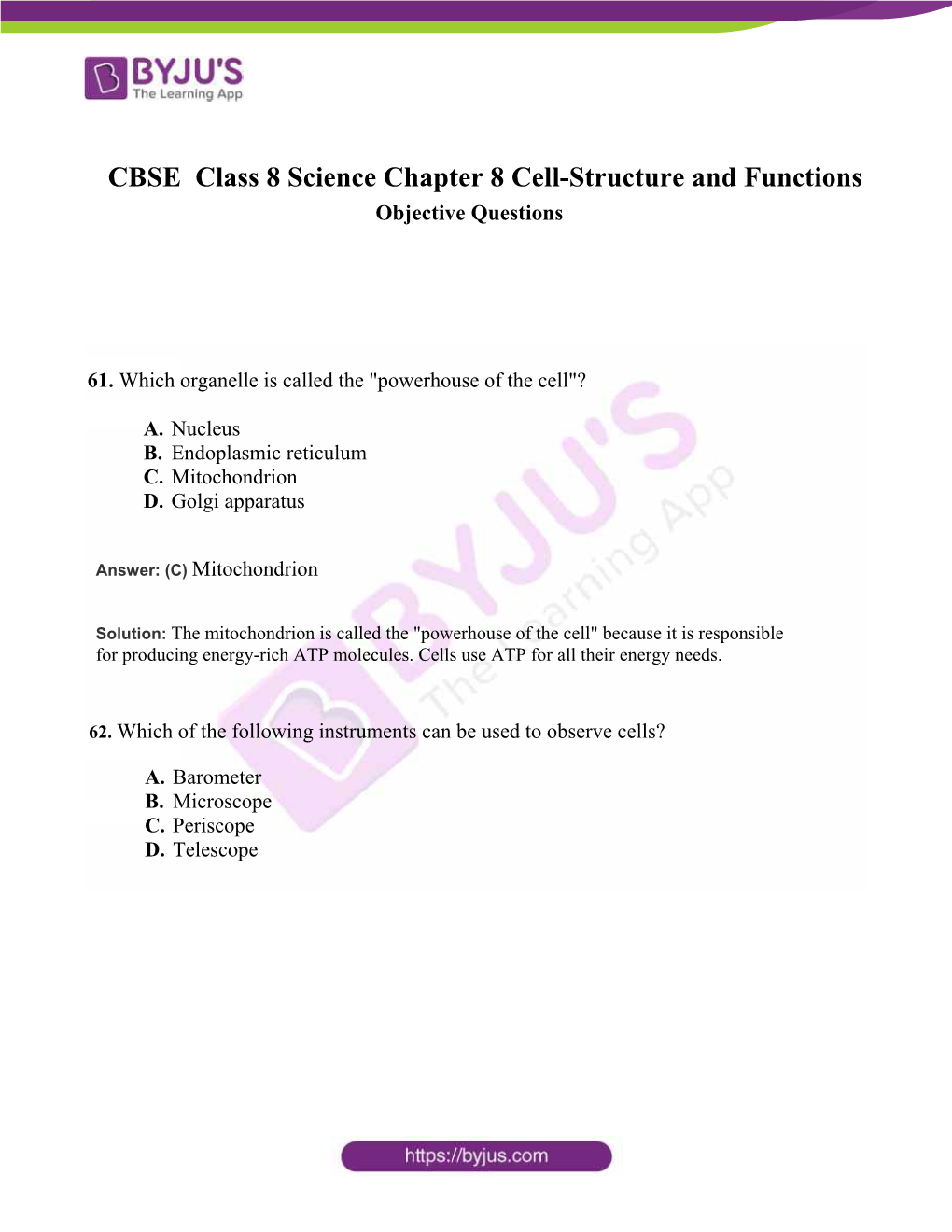 CBSE Class 8 Science Chapter 8 Cell-Structure and Functions Objective Questions