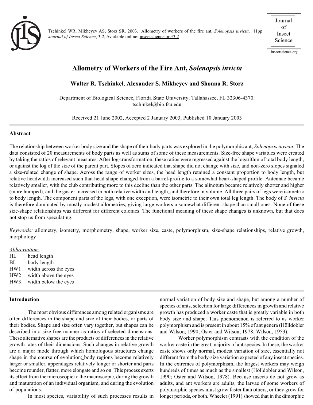 Allometry of Workers of the Fire Ant, Solenopsis Invicta