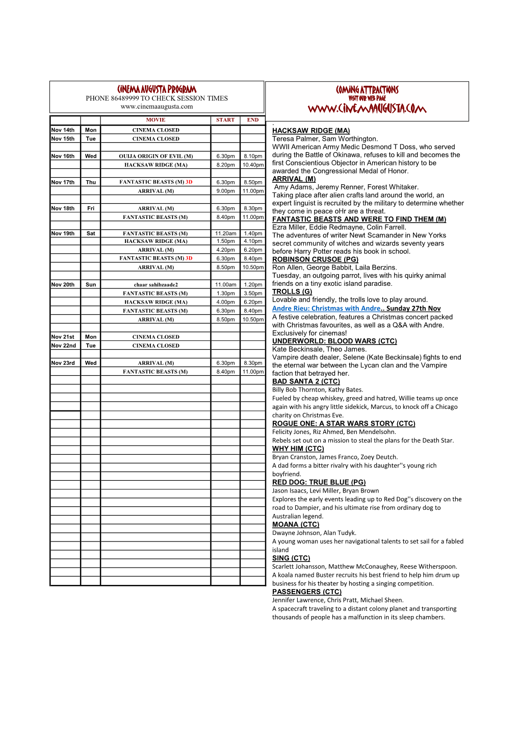 PROGRAM CINEMA AUGUSTA 17Th NOV-2016.Xlsx