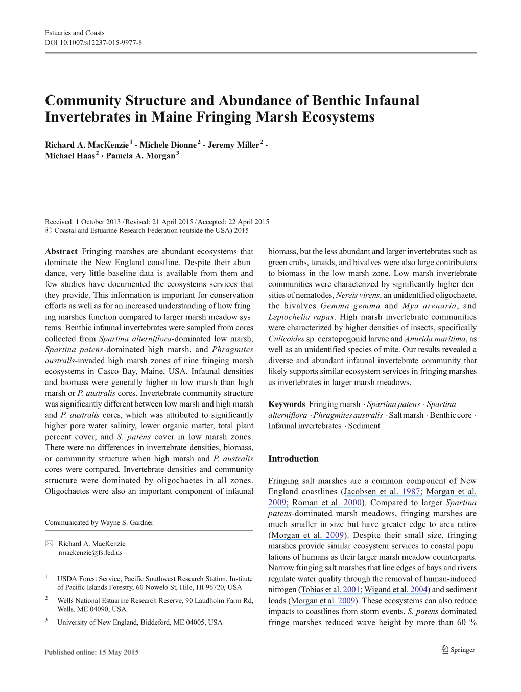 Community Structure and Abundance of Benthic Infaunal Invertebrates in Maine Fringing Marsh Ecosystems