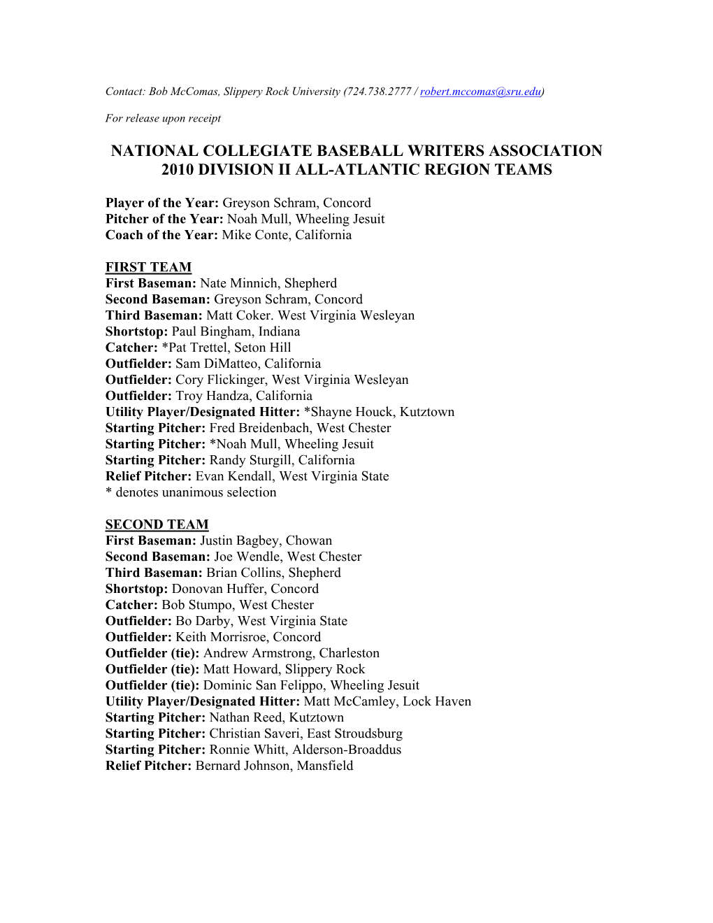 National Collegiate Baseball Writers Association 2010 Division Ii All-Atlantic Region Teams