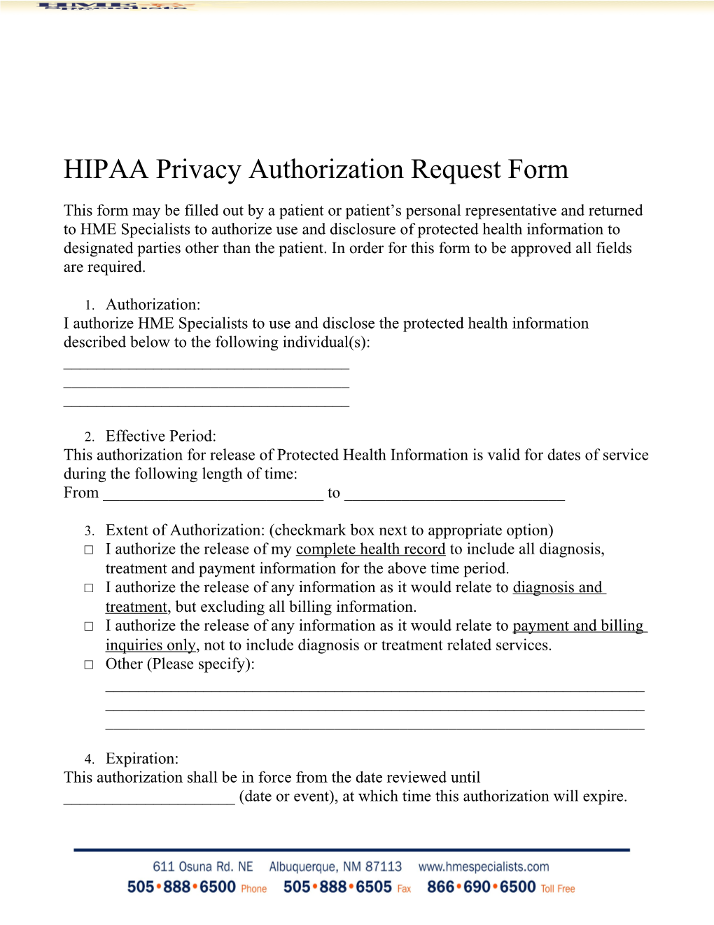 HIPAA Privacy Authorization Request Form