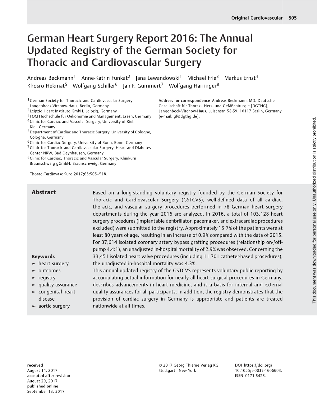 The Annual Updated Registry of the German Society for Thoracic and Cardiovascular Surgery