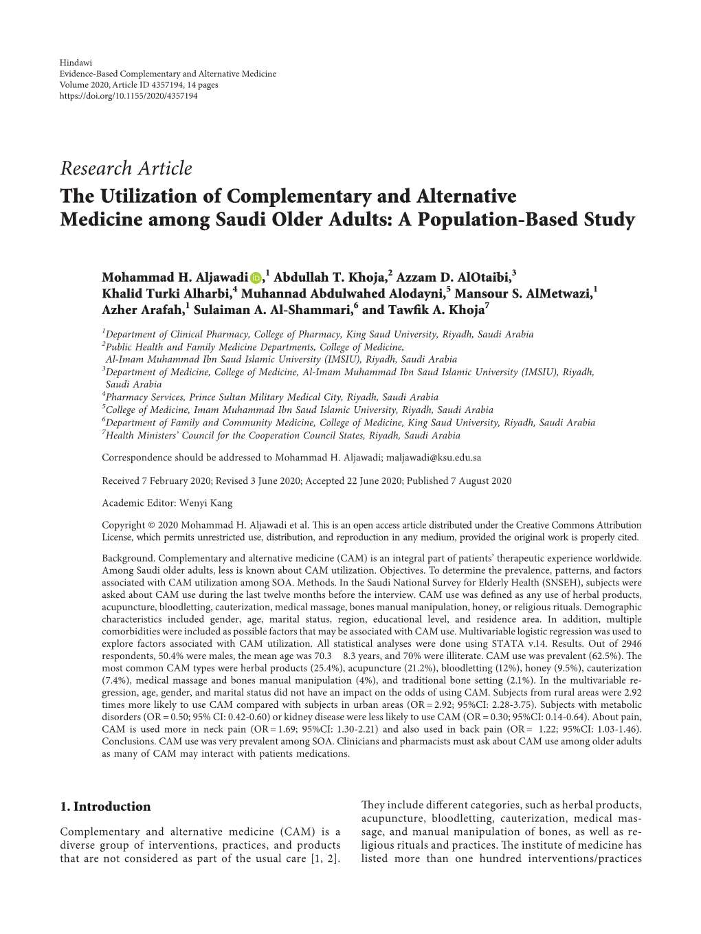 Research Article the Utilization of Complementary and Alternative Medicine Among Saudi Older Adults: a Population-Based Study