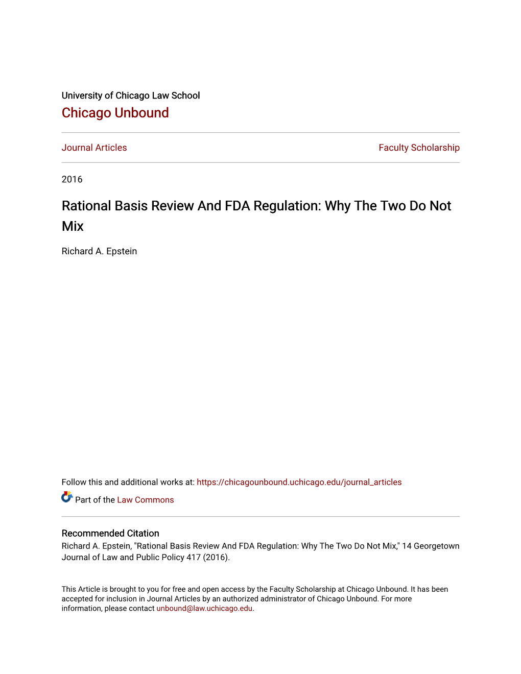 Rational Basis Review and FDA Regulation: Why the Two Do Not Mix