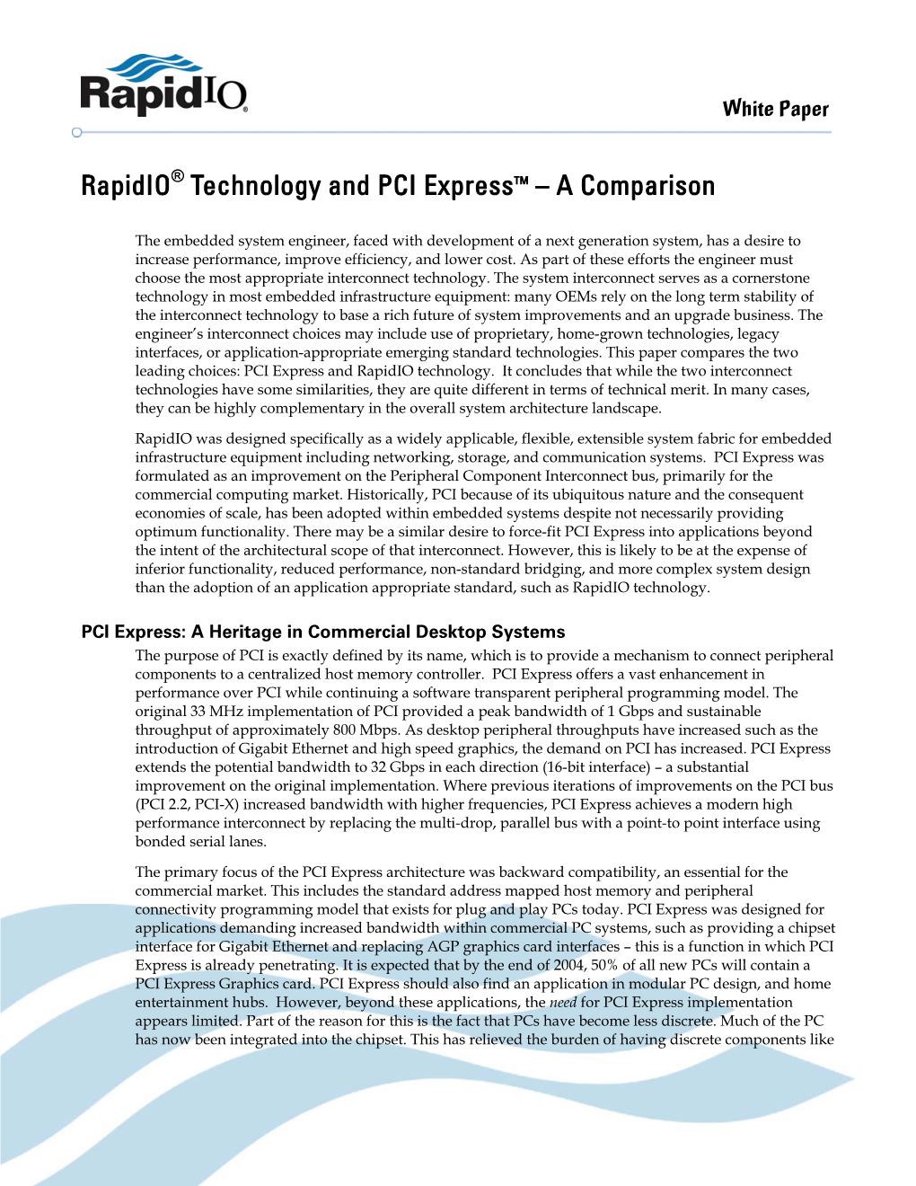 Rapidio and PCI Express Comparison White Paper