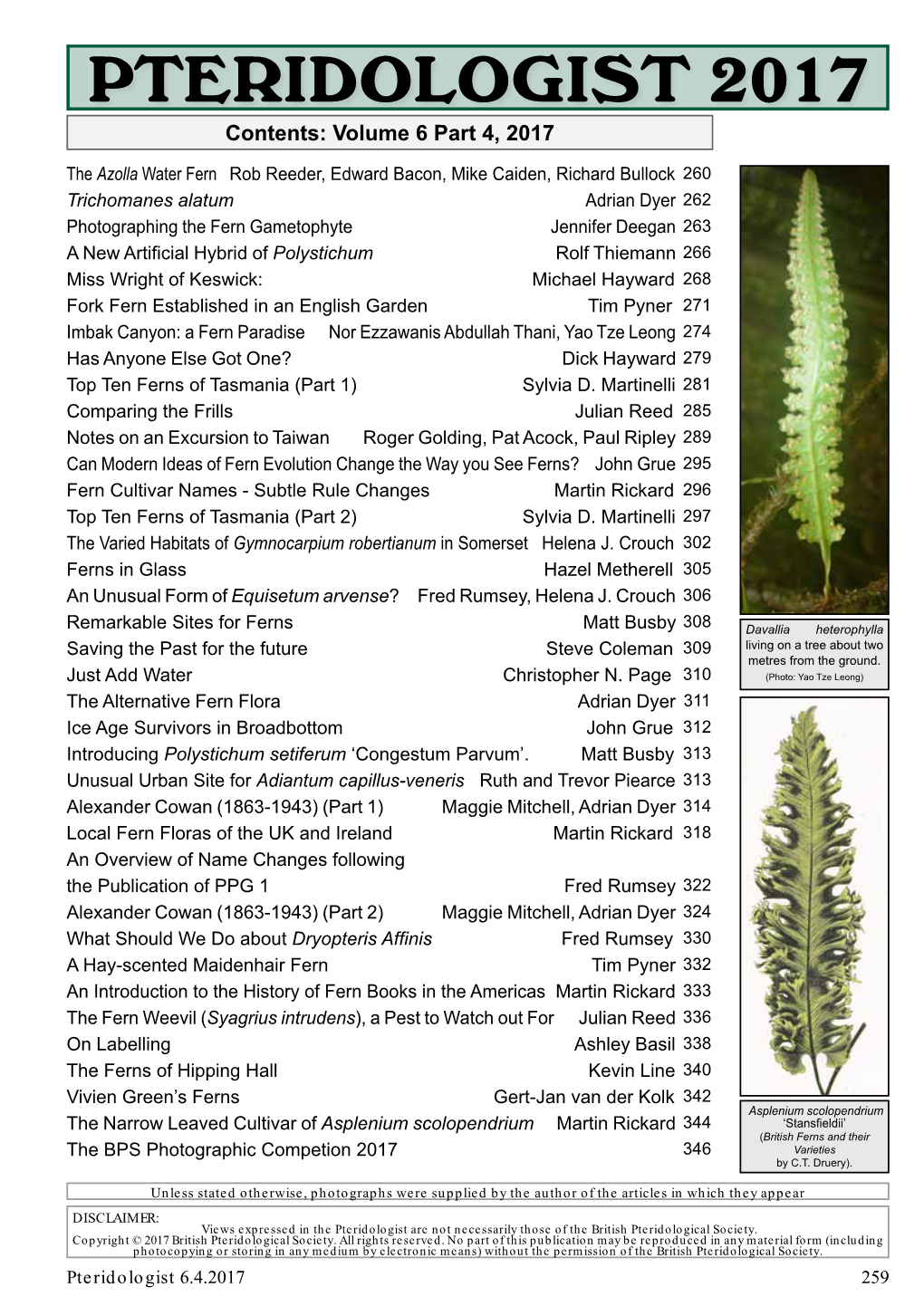 PTERIDOLOGIST 2017 Contents: Volume 6 Part 4, 2017