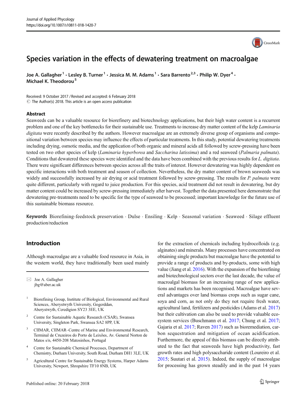 Species Variation in the Effects of Dewatering Treatment on Macroalgae