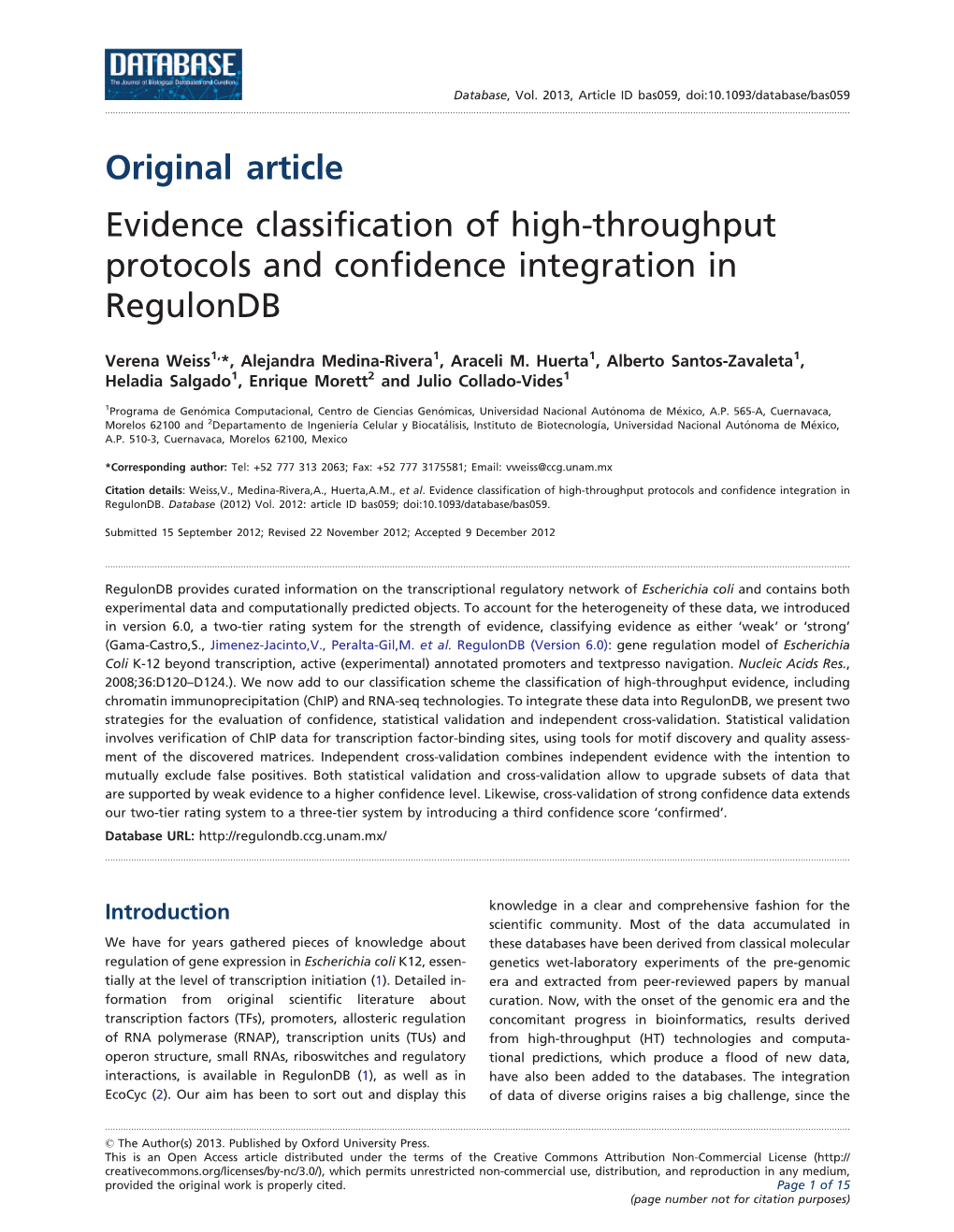 Original Article Evidence Classification of High-Throughput Protocols and Confidence Integration in Regulondb