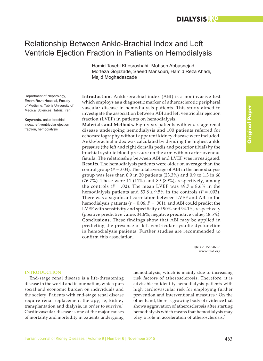 Relationship Between Ankle-Brachial Index and Left Ventricle Ejection Fraction in Patients on Hemodialysis