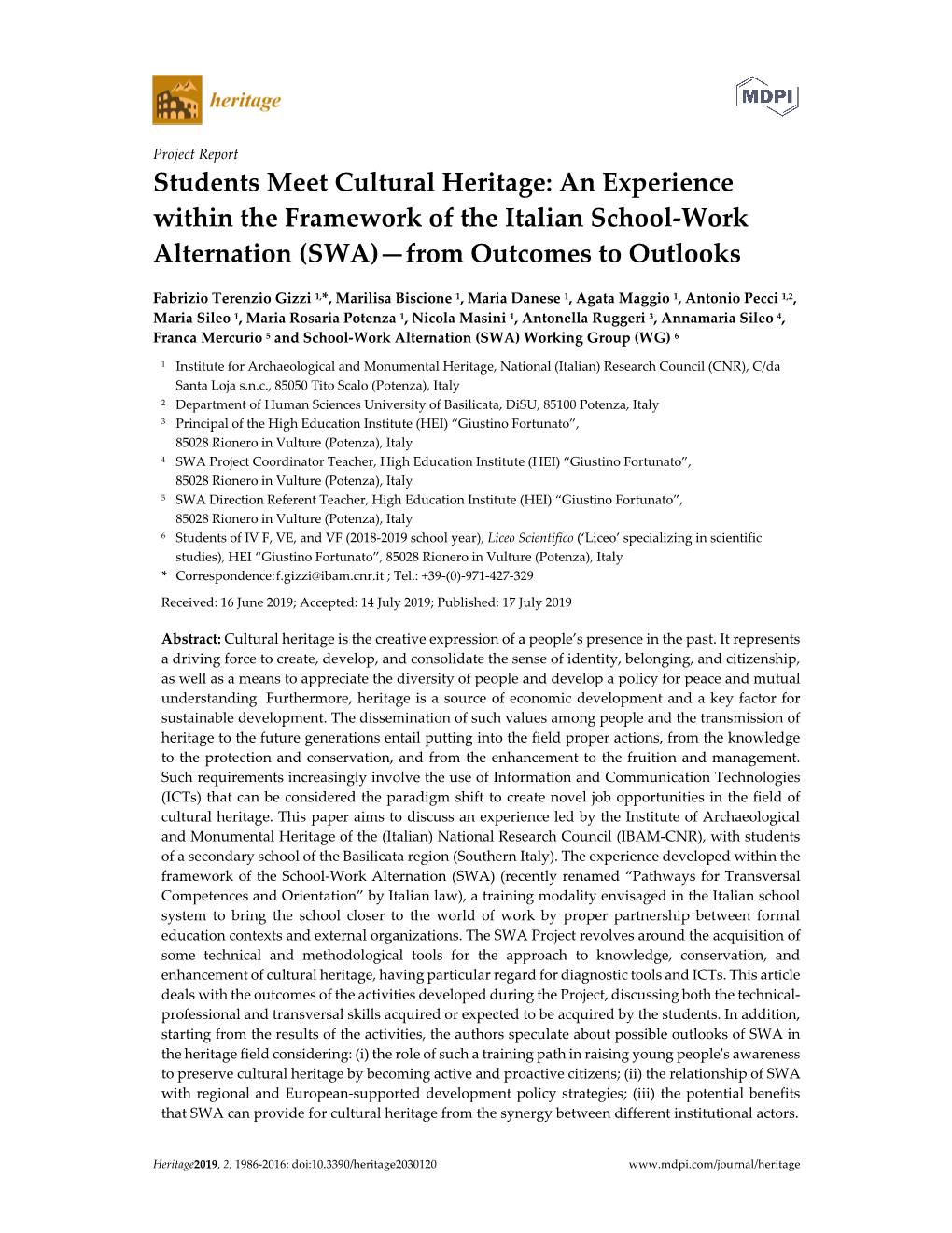 Students Meet Cultural Heritage: an Experience Within the Framework of the Italian School-Work Alternation (SWA)—From Outcomes to Outlooks