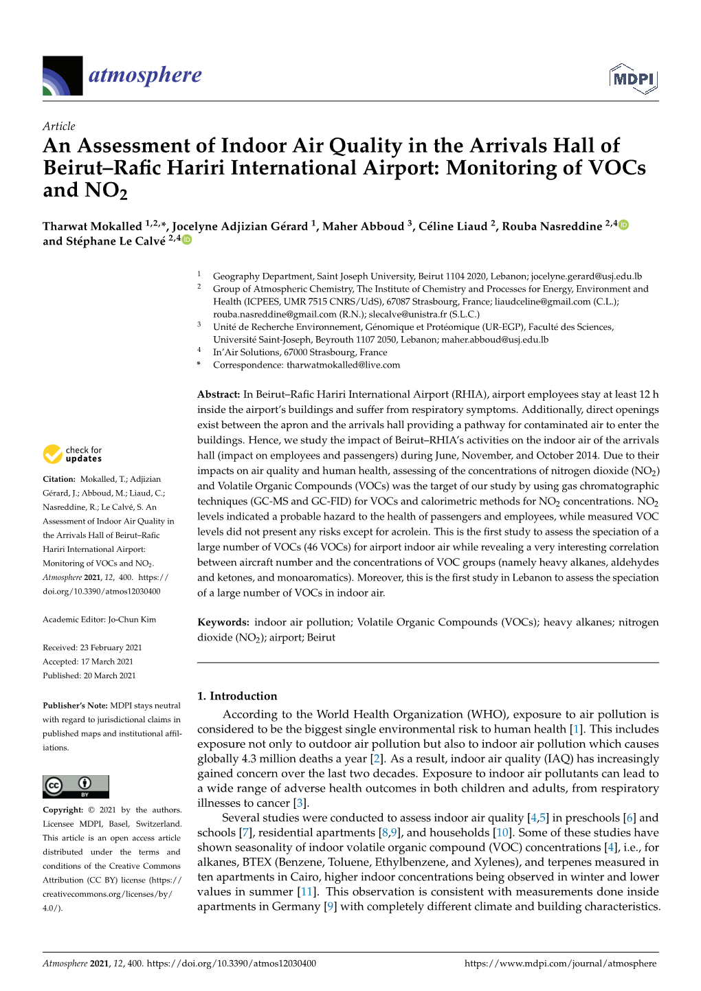 An Assessment of Indoor Air Quality in the Arrivals Hall of Beirut–Raﬁc Hariri International Airport: Monitoring of Vocs and NO2