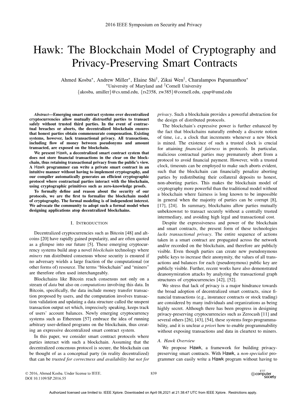 Hawk: the Blockchain Model of Cryptography and Privacy-Preserving Smart Contracts