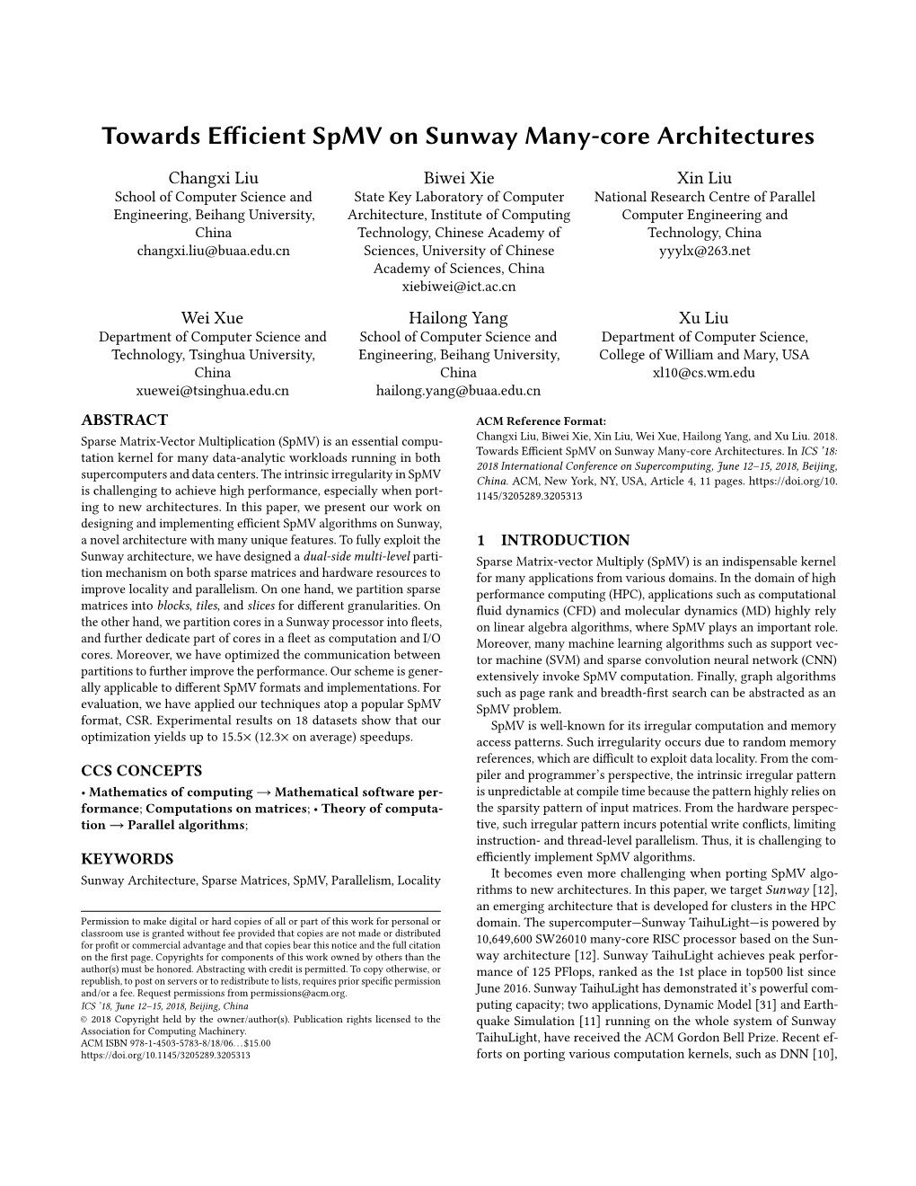 Towards Efficient Spmv on Sunway Many-Core Architectures