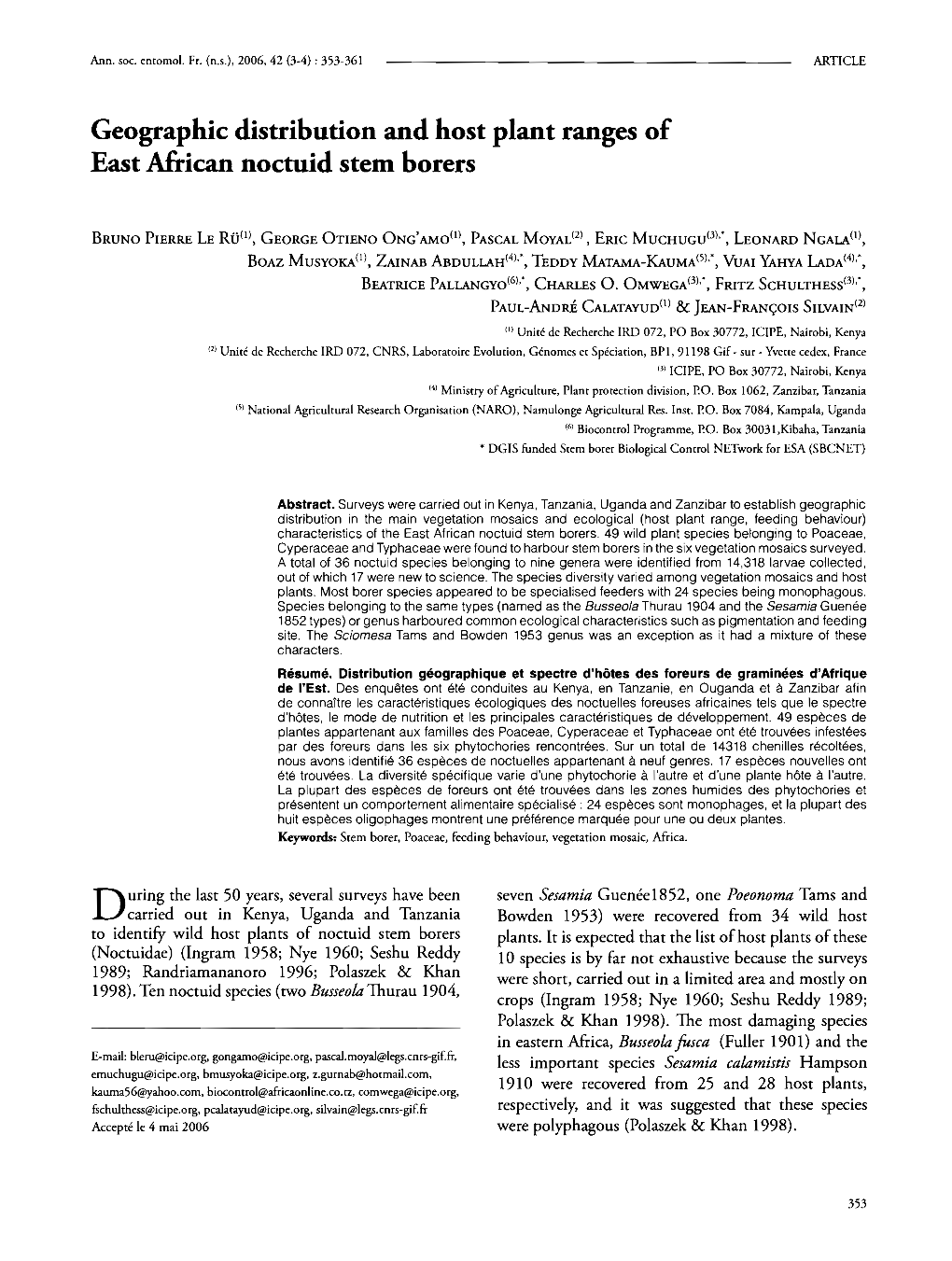 Geographic Distribution and Host Plant Ranges of East African Noctuid Stem Borers