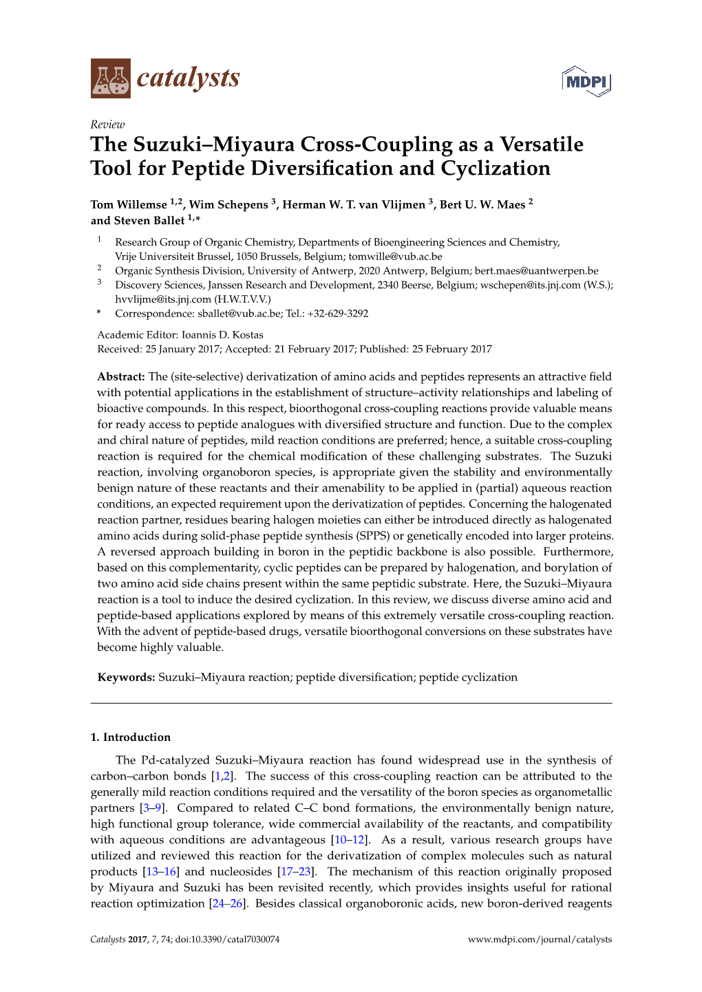 The Suzuki–Miyaura Cross-Coupling As a Versatile Tool for Peptide Diversiﬁcation and Cyclization