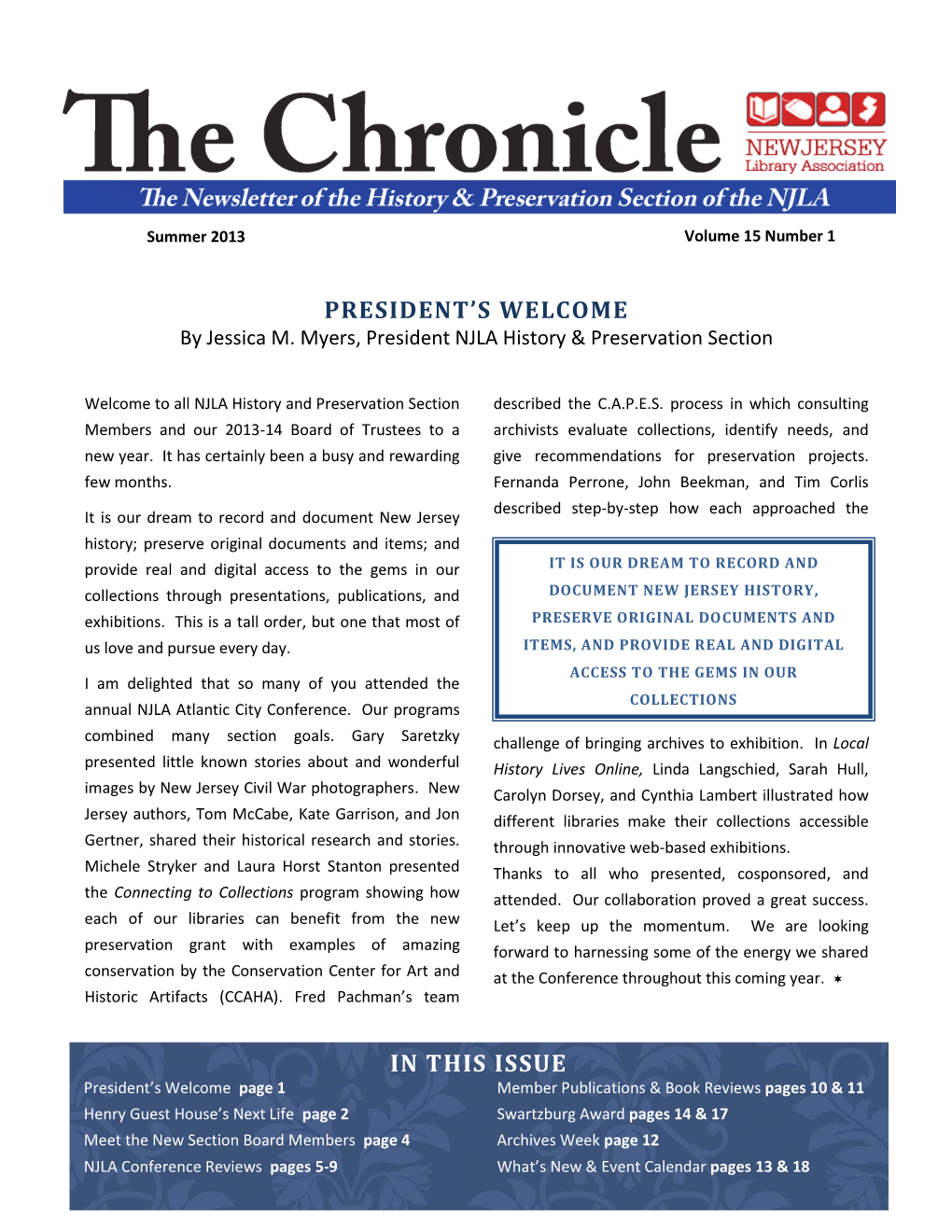 President's Welcome in This Issue