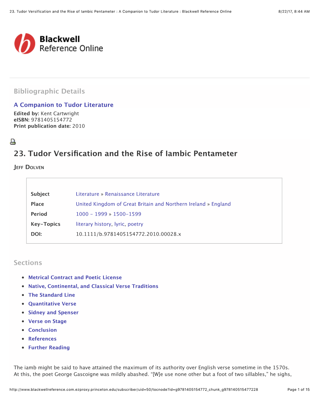 23. Tudor Versification and the Rise of Iambic Pentameter : a Companion to Tudor Literature : Blackwell Reference Online 8/22/17, 8�44 AM