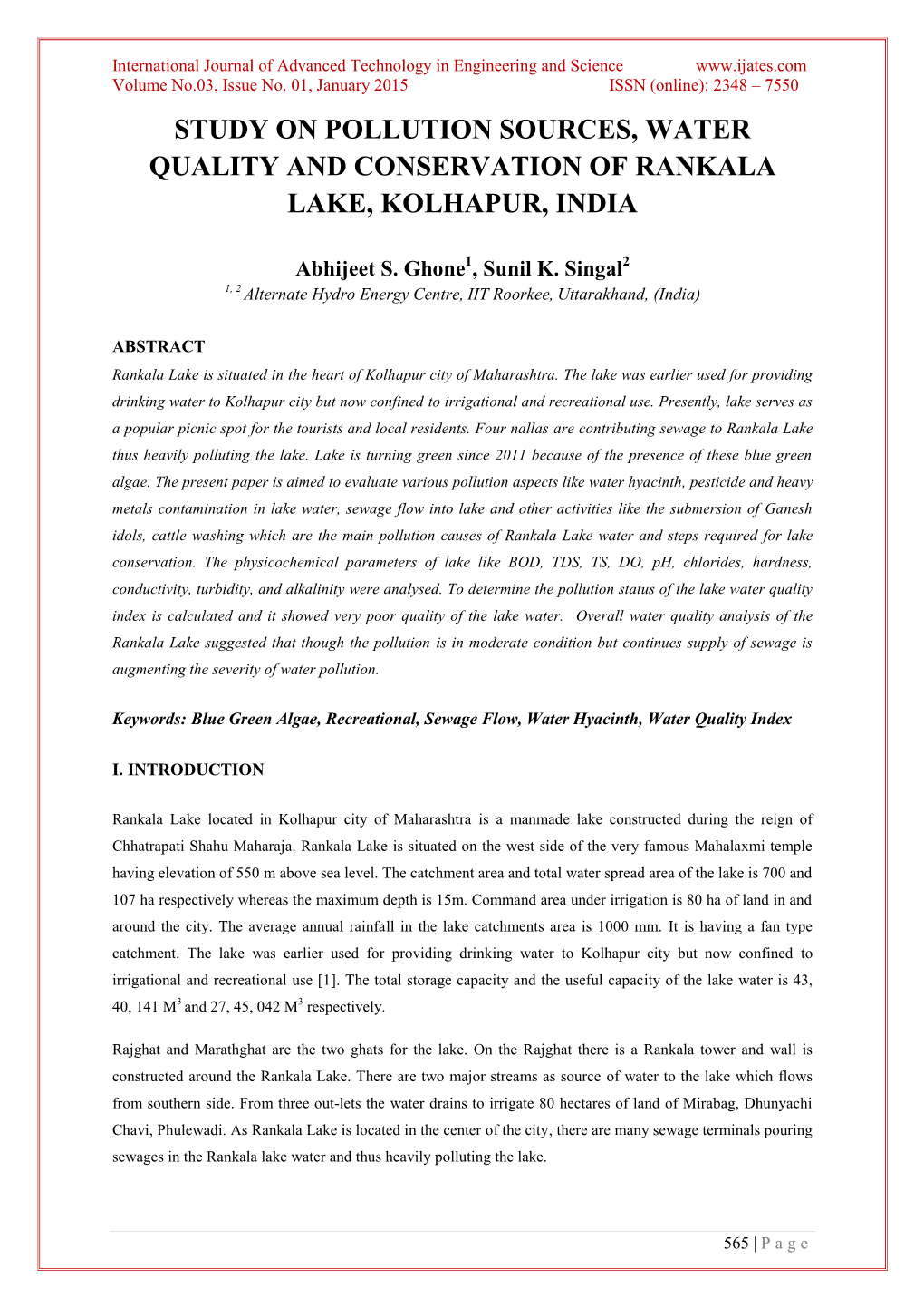 Study on Pollution Sources, Water Quality and Conservation of Rankala Lake, Kolhapur, India