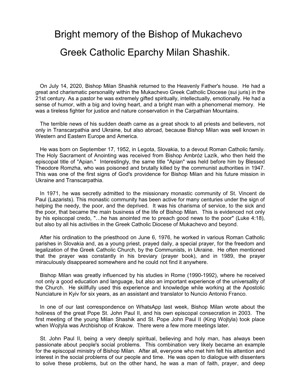 Bright Memory of the Bishop of Mukachevo Greek Catholic Eparchy Milan Shashik