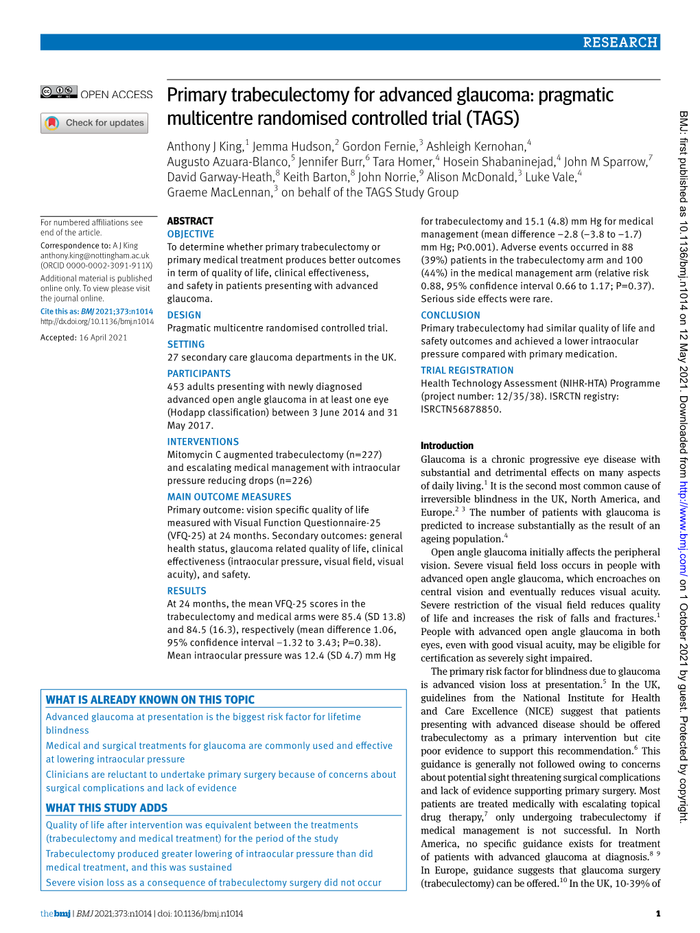 Primary Trabeculectomy for Advanced Glaucoma: Pragmatic Multicentre Randomised Controlled Trial (TAGS) BMJ: First Published As 10.1136/Bmj.N1014 on 12 May 2021