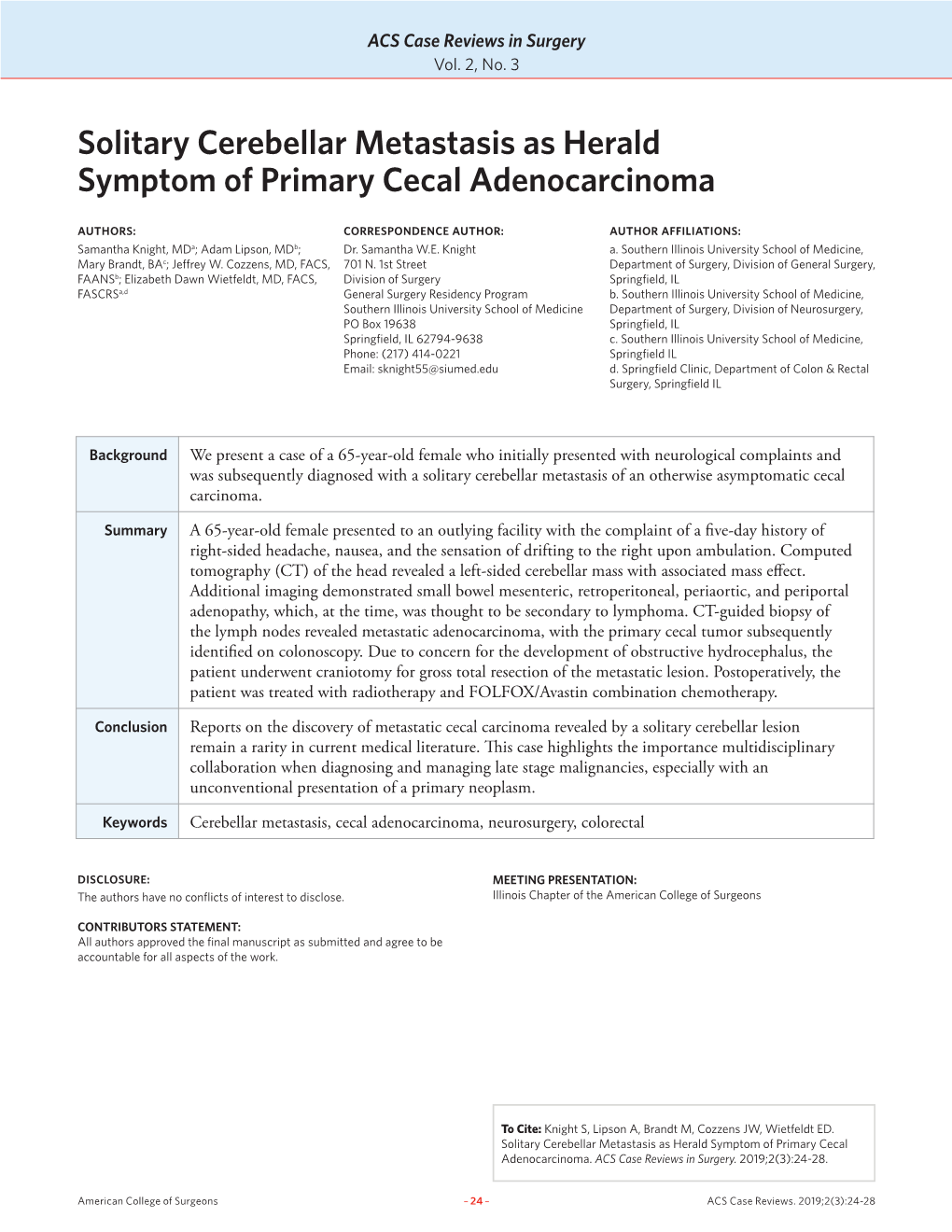 Solitary Cerebellar Metastasis As Herald Symptom of Primary Cecal Adenocarcinoma