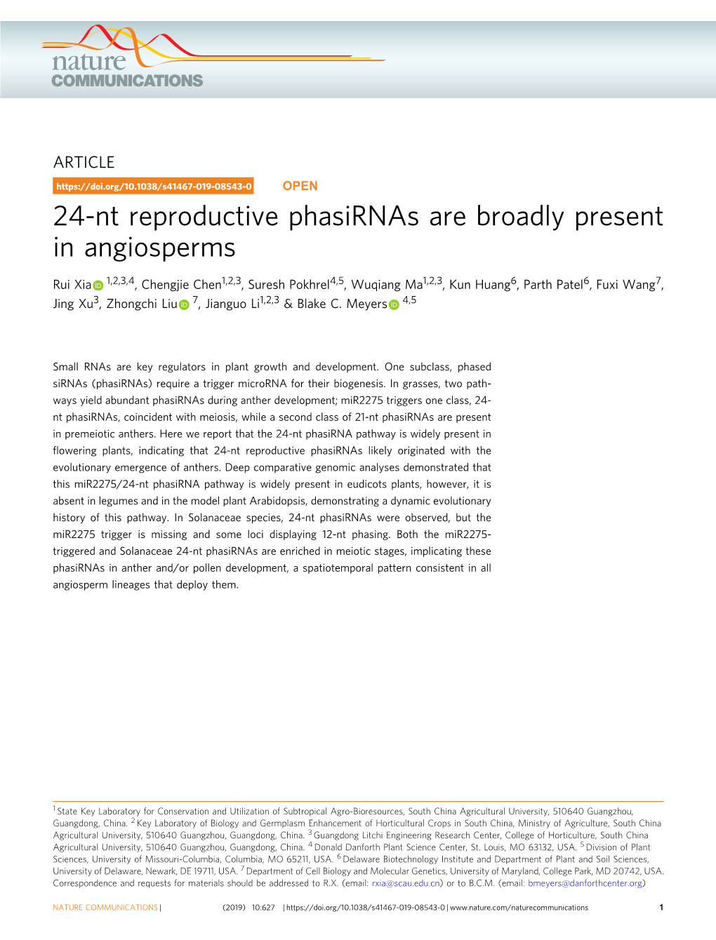 24-Nt Reproductive Phasirnas Are Broadly Present in Angiosperms