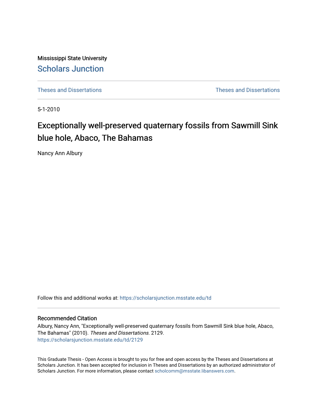 Exceptionally Well-Preserved Quaternary Fossils from Sawmill Sink Blue Hole, Abaco, the Bahamas