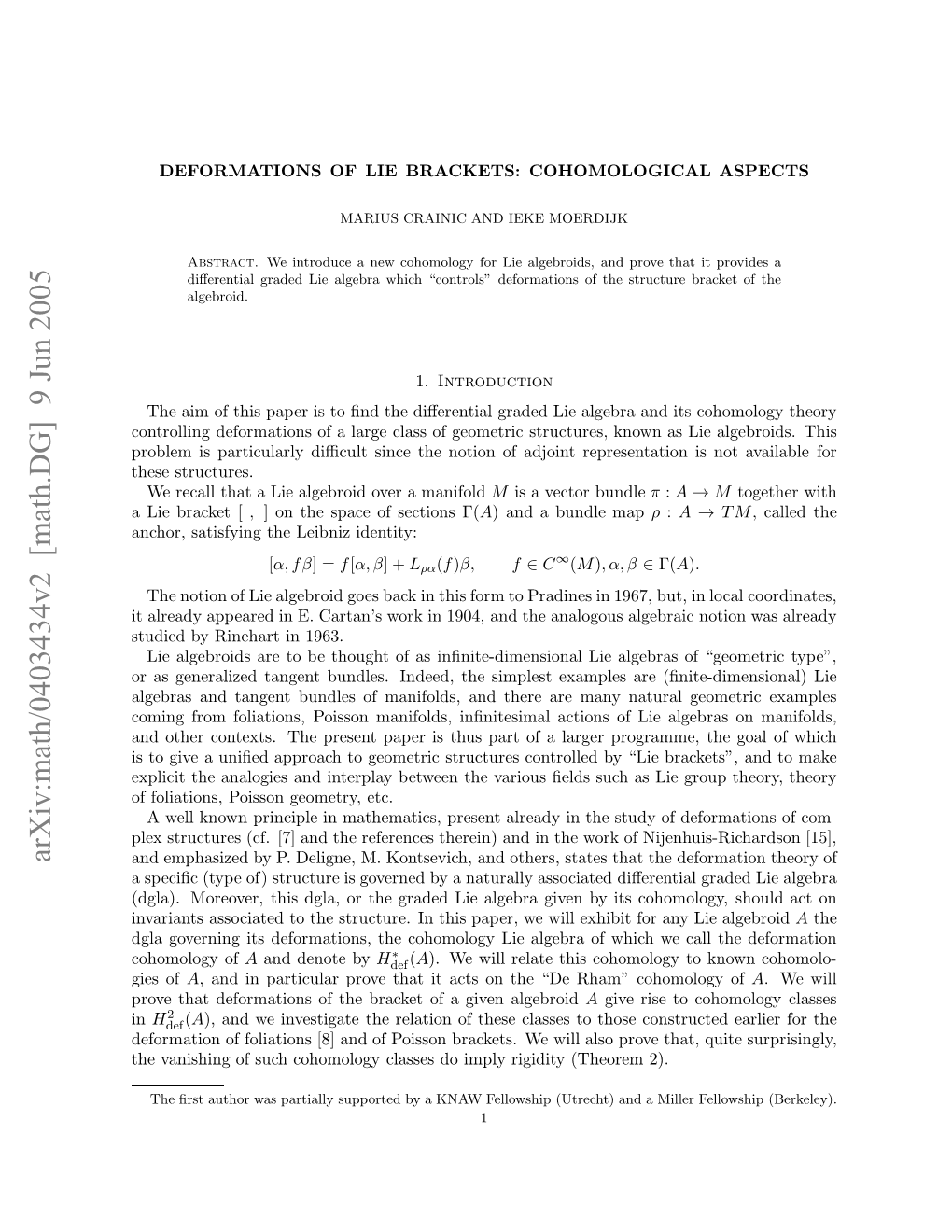 Arxiv:Math/0403434V2 [Math.DG] 9 Jun 2005 Rbe Spriual Icl Ic H Oino Adjoint of Notion the Since Structures