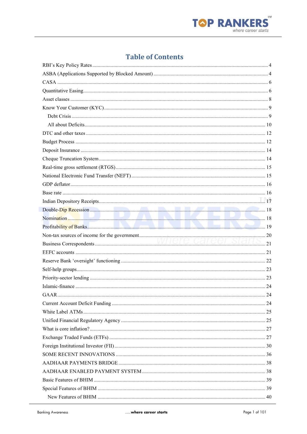 Table of Contents RBI’S Key Policy Rates