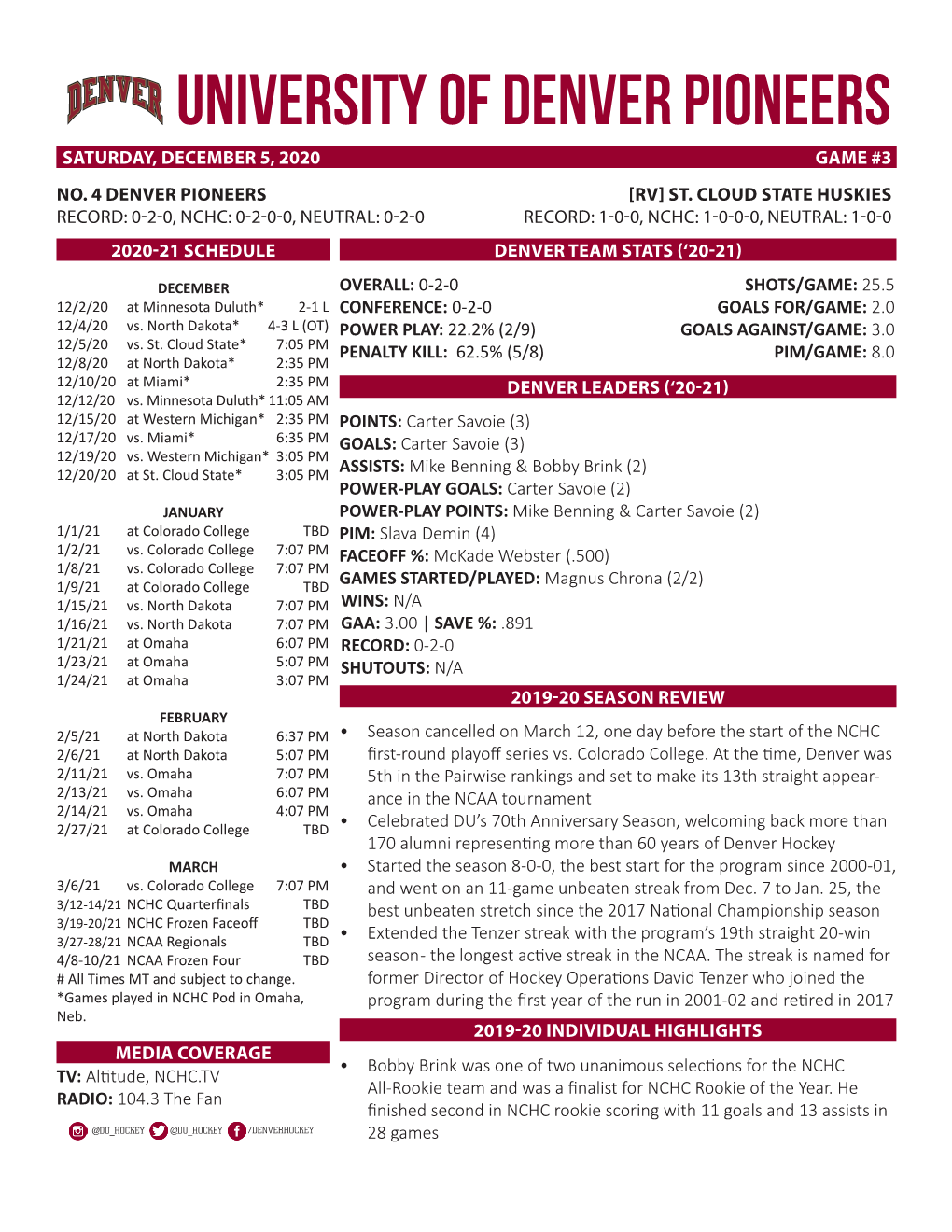 University of Denver Pioneers Saturday, December 5, 2020 Game #3 No