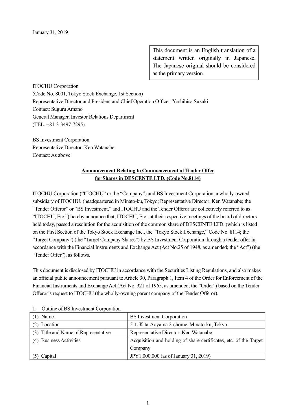 Announcement Relating to Commencement of Tender Offer for Shares in DESCENTE LTD