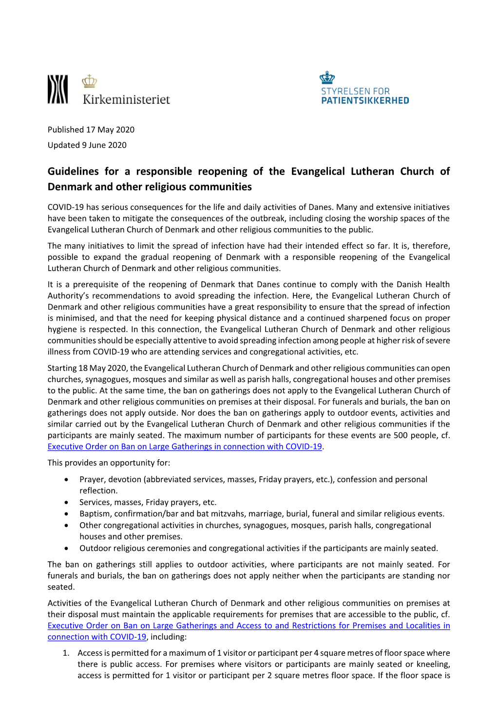 Guidelines for a Responsible Reopening of the Evangelical Lutheran Church of Denmark and Other Religious Communities
