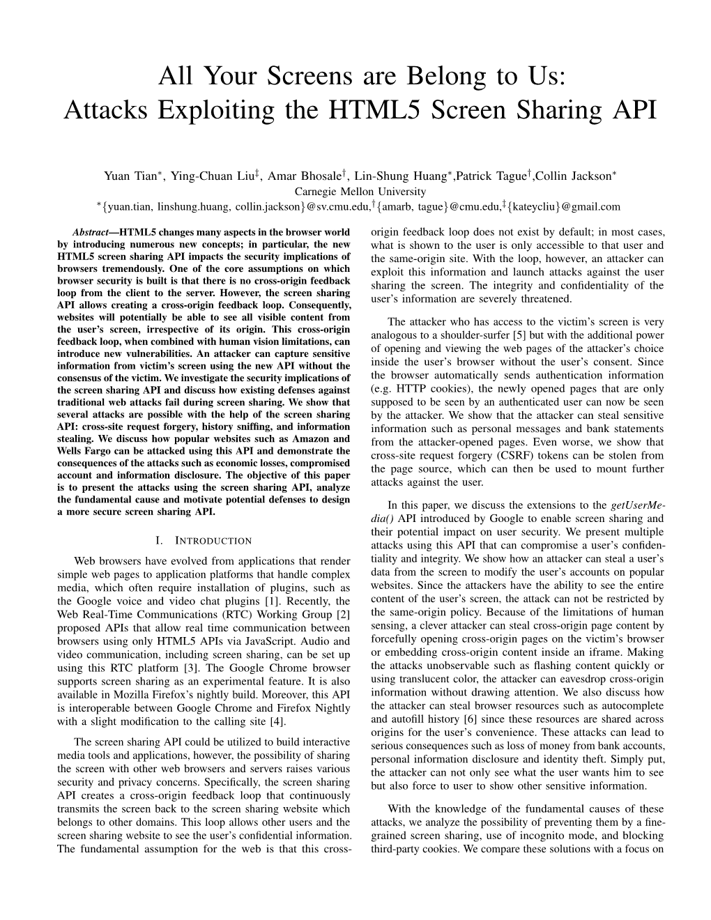 Attacks Exploiting the HTML5 Screen Sharing API