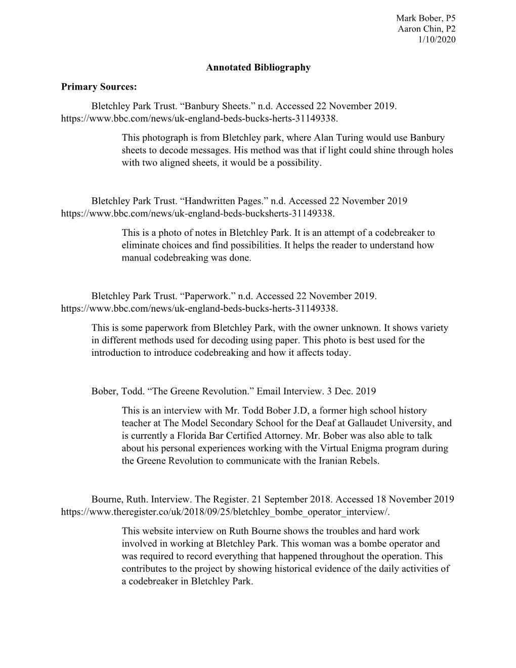 Annotated Bibliography Primary Sources: Bletchley Park Trust