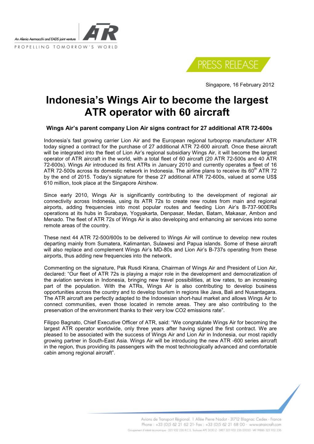 Indonesia's Wings Air to Become the Largest ATR Operator with 60 Aircraft