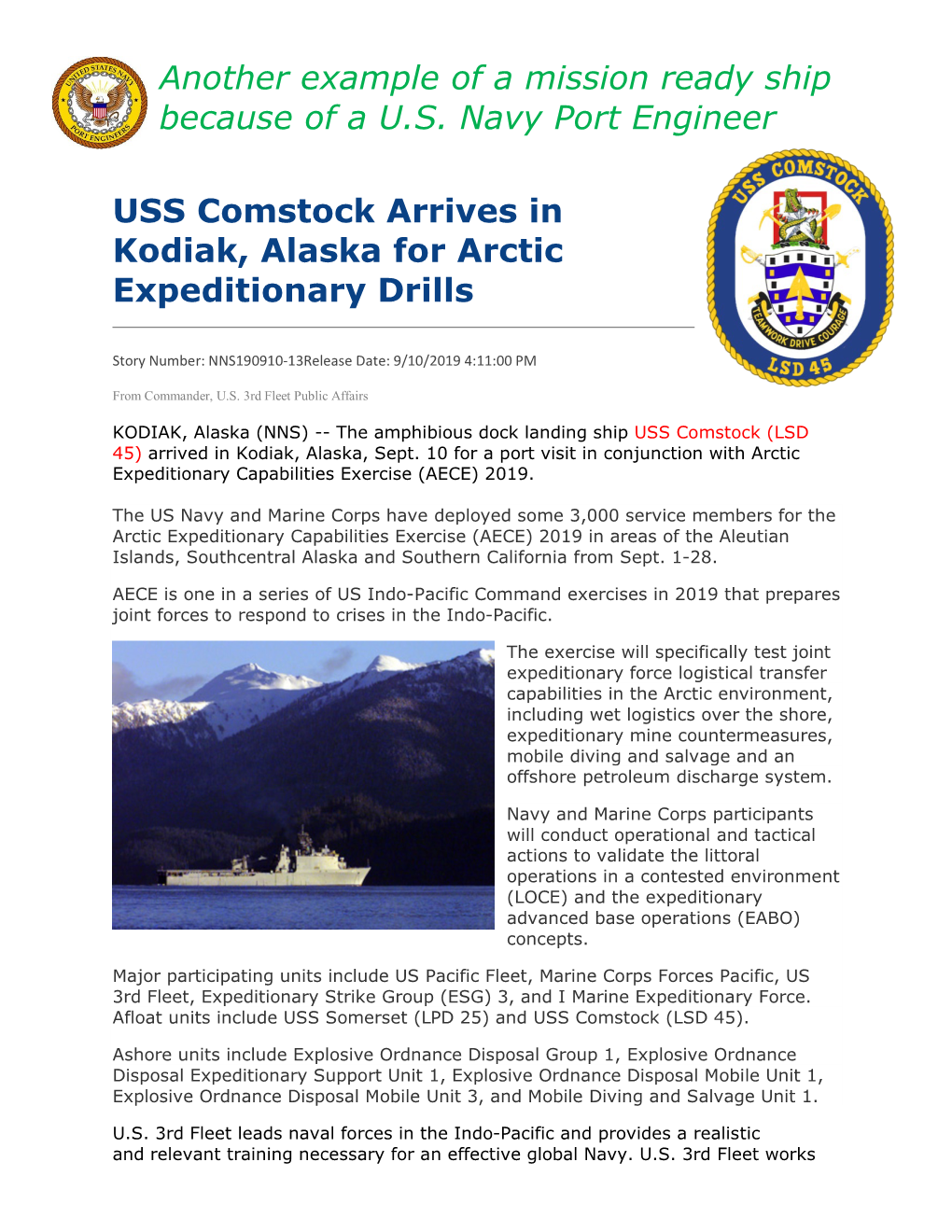 USS Comstock Arrives in Kodiak, Alaska for Arctic Expeditionary Drills