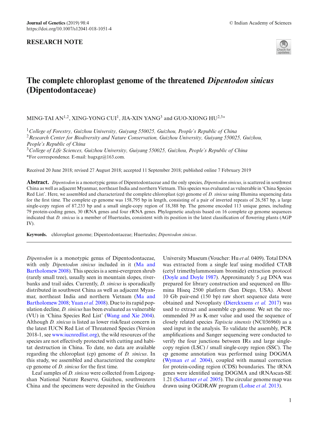The Complete Chloroplast Genome of the Threatened Dipentodon Sinicus (Dipentodontaceae)