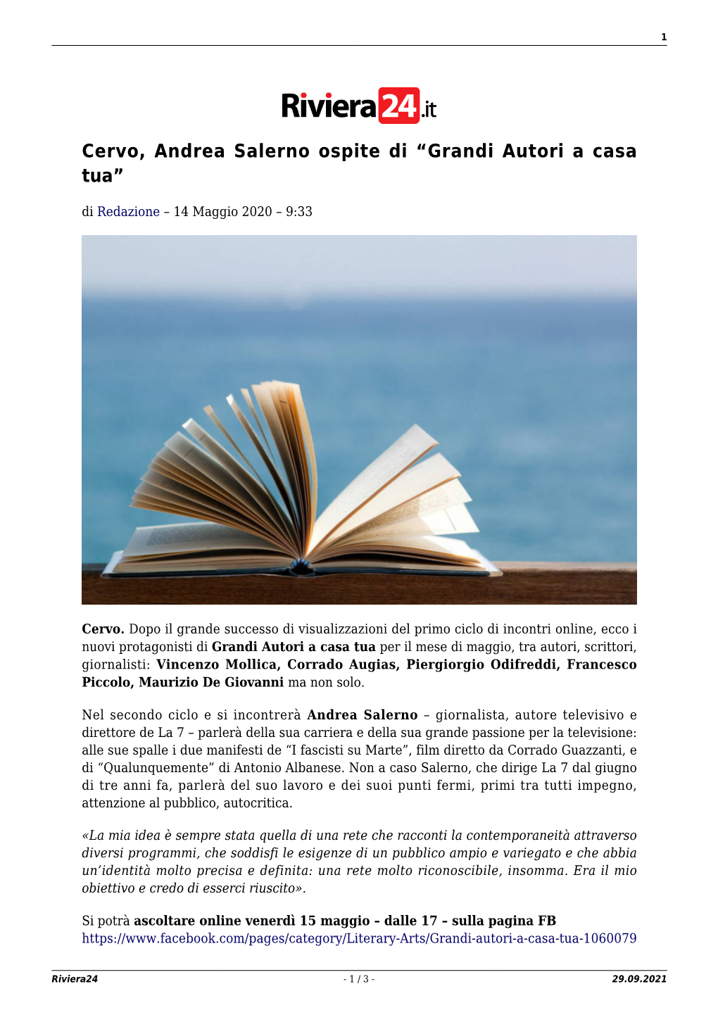 Cervo, Andrea Salerno Ospite Di “Grandi Autori a Casa Tua”