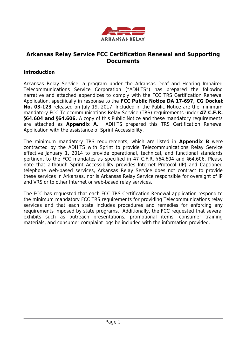 Arkansas Relay Service FCC Certification Renewal and Supporting Documents