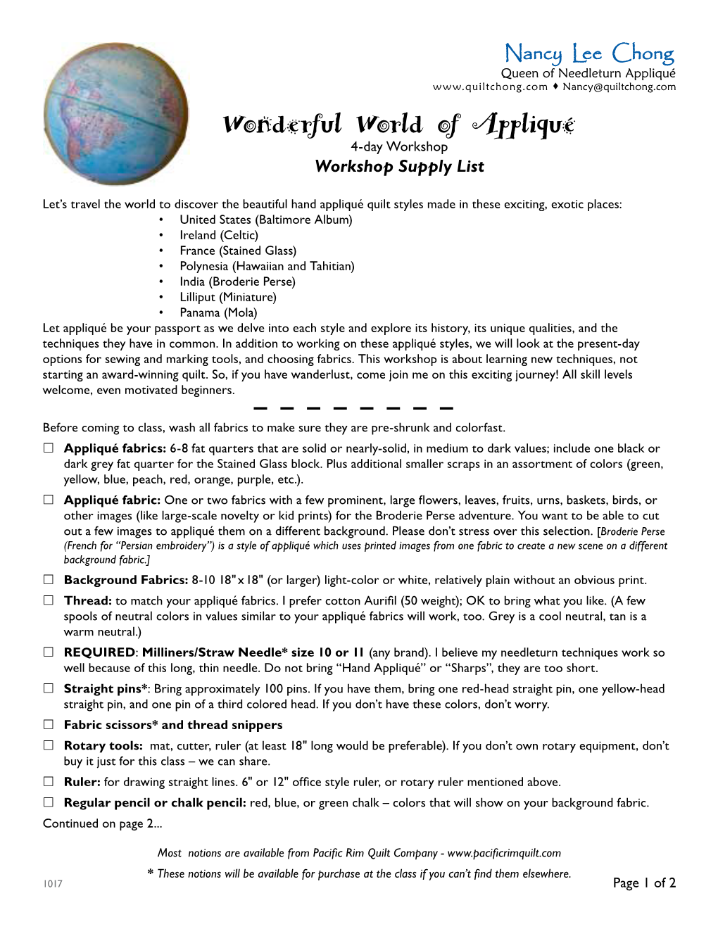 Wonderful World of Appliqué 4-Day Workshop Workshop Supply List