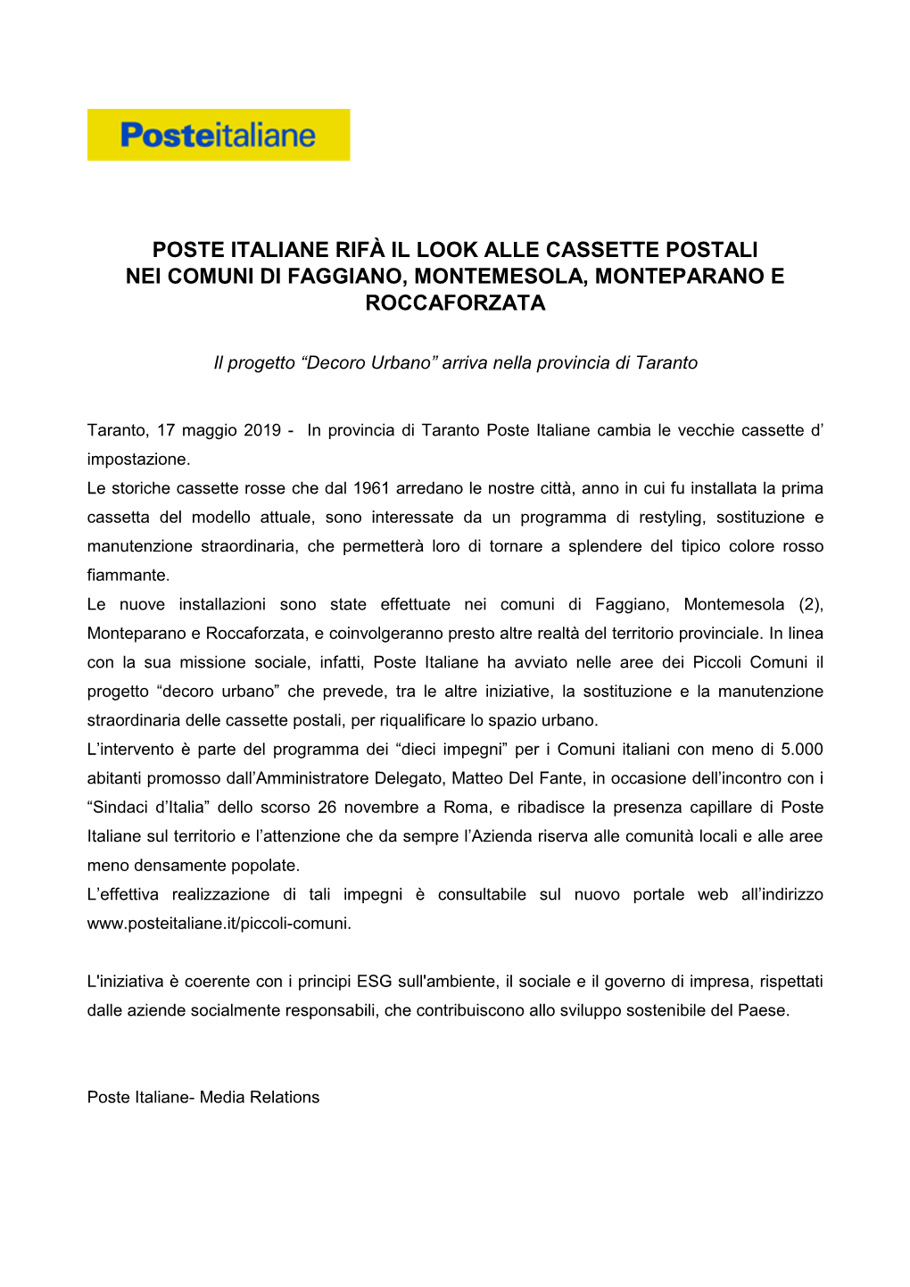 Poste Italiane Rifà Il Look Alle Cassette Postali Nei Comuni Di Faggiano, Montemesola, Monteparano E Roccaforzata