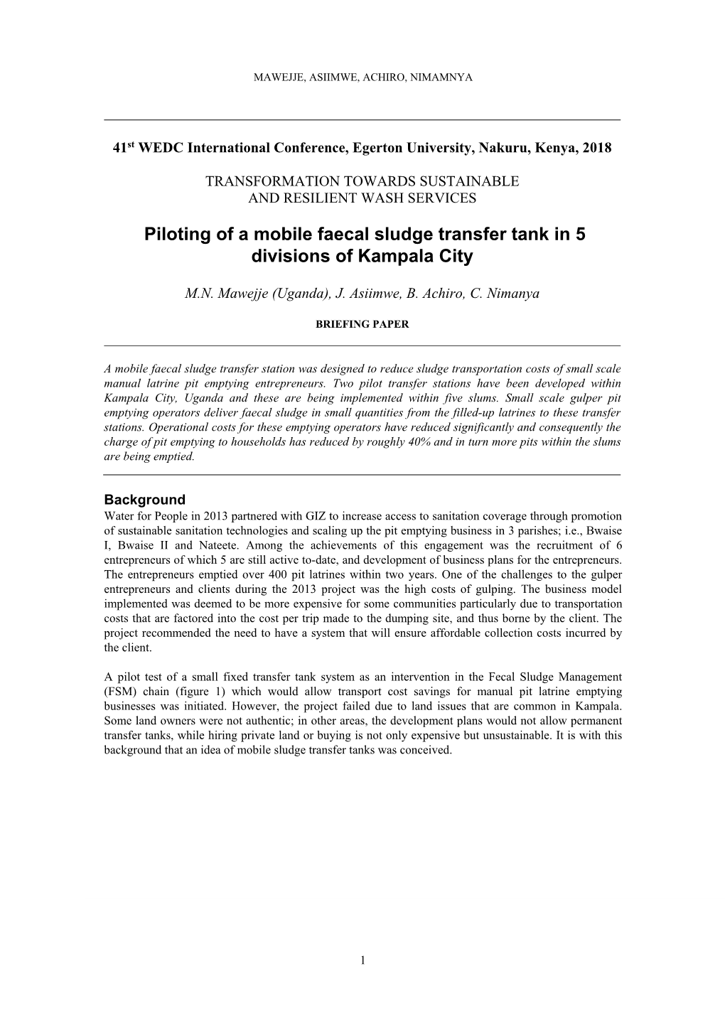 Piloting Mobile Faecal Sludge Transfer Tank in Kampala City – WEDC Paper