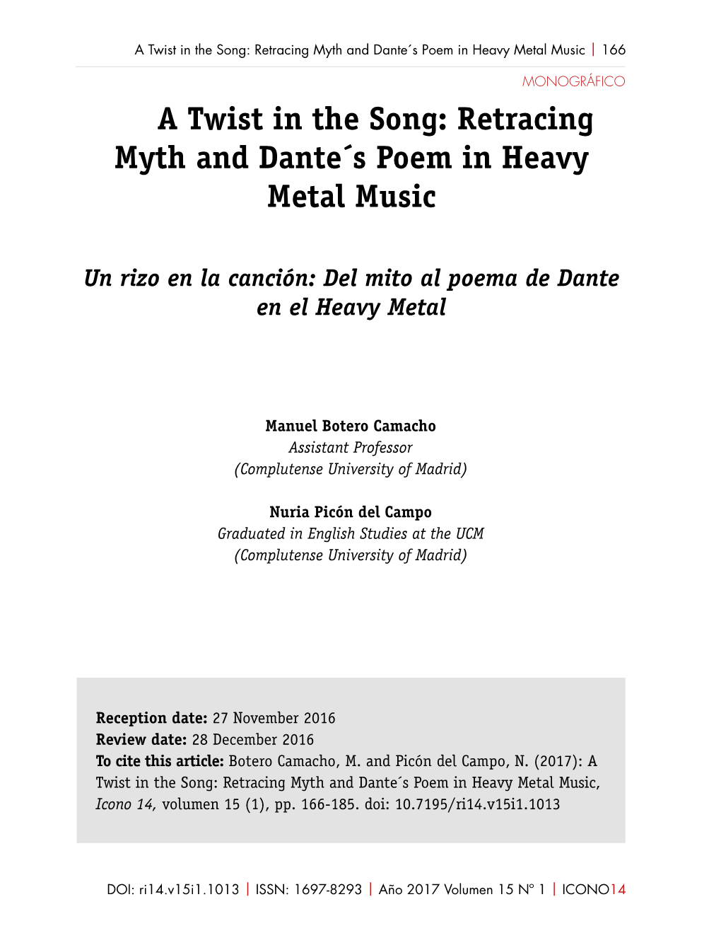 A Twist in the Song: Retracing Myth and Dante´S Poem in Heavy Metal Music | 166