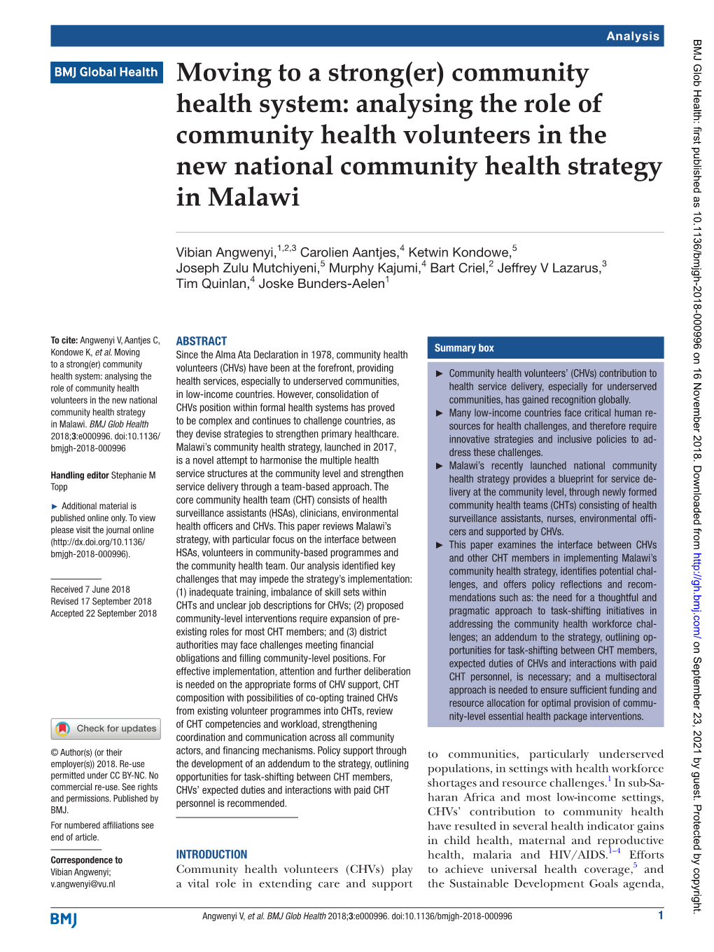 Moving to a Strong(Er) Community Health System: Analysing the Role of Community Health Volunteers in the New National Community Health Strategy in Malawi