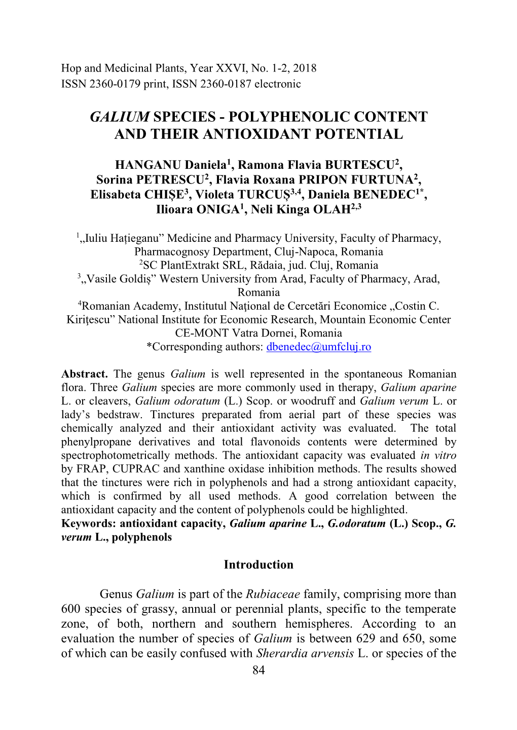 Galium Species - Polyphenolic Content and Their Antioxidant Potential