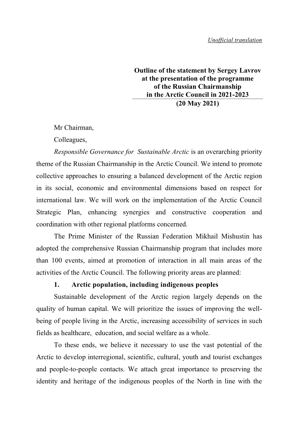 Outline of the Statement by Sergey Lavrov at the Presentation of the Programme of the Russian Chairmanship in the Arctic Council in 2021-2023 (20 May 2021)